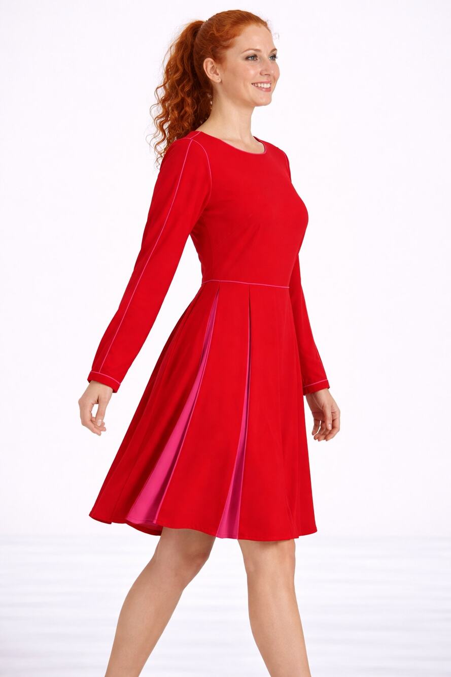 Mikael Aghal Long Sleeve Pleated Two Tone Crepe Dress Red Pink Womens Size 4